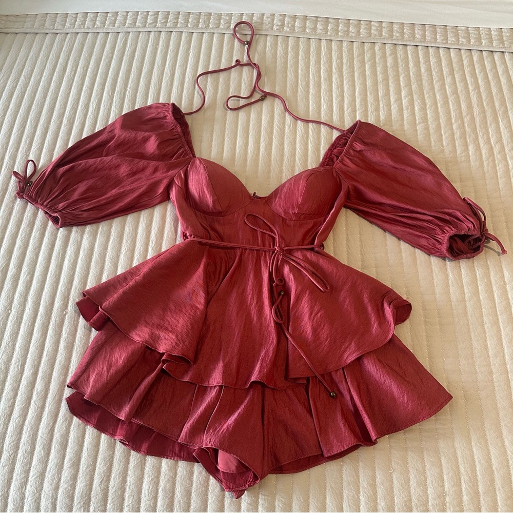 Elegant Red Puff Sleeve Romper